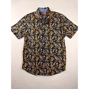 Consequence Mens Large Navy Gold Paisley Floral Short Sleeve Button Up Shirt